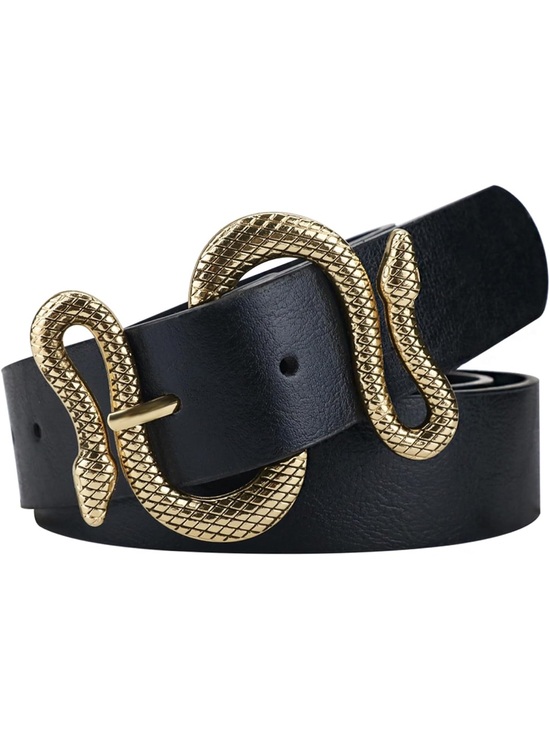 Accessories - Black Leather Belt with Gold Snake Buckle